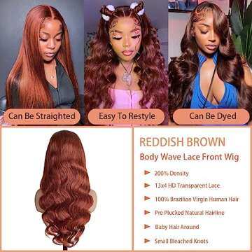 Zhuomei BEAUTY Reddish Brown Lace Front Wigs Human Hair 200% Density Body Wave Reddish Brown Wig Human Hair 13x4 Transparent HD Lace Frontal Human Hair Wigs 24 inch Glueless Wig Human Hair