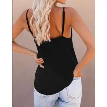 OMSJ Women's Spaghetti Strap Tank Tops V Neck Sleeveless Summer Loose Fit Shirts (S, Black)