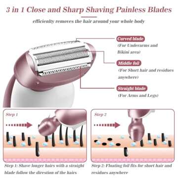 Akunbem Electric Shaver for Women for Legs Bikini Trimmer Electric Razors for Women Underarm Public Hairs Rechargeable Womens Shaver Wet Dry Use Painless Cordless with Detachable Head (Pink)