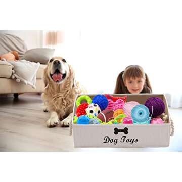 Geyecete Large Dog Toys Storage Bins-Foldable Fabric Trapezoid Organizer Boxes with Weave Rope Handle,Collapsible Basket for Shelves,Dog Apparel(Beige-Dog)