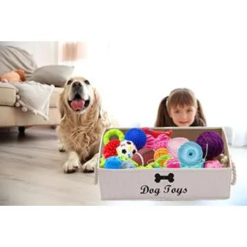 Geyecete Large Dog Toys Storage Bins-Foldable Fabric Trapezoid Organizer Boxes with Weave Rope Handle,Collapsible Basket for Shelves,Dog Apparel(Beige-Dog)