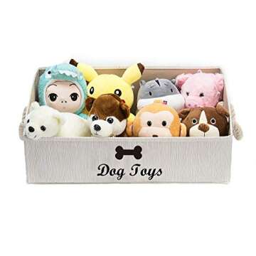 Geyecete Large Dog Toys Storage Bins-Foldable Fabric Trapezoid Organizer Boxes with Weave Rope Handle,Collapsible Basket for Shelves,Dog Apparel(Beige-Dog)