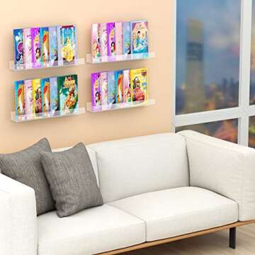 NIUBEE 24" Premium Acrylic Floating Nursery Kids Bookshelf Wall Ledge Shelf, Clear Invisible Spice Rack Bathroom Storage Shelves Display Organizer, 50% Thicker with Screwdriver, Set of 4