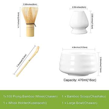 Japanese Matcha Tea Set, Matcha Ceremony Accessory - Matcha Whisk, Ceramic Bowl and Whisk Holder, Traditional Scoop, The Perfect Set to Prepare a Traditional Cup of Matcha