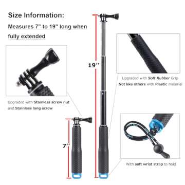 Trehapuva 19”(Full Length) Extension Selfie Stick Compact Hand Grip Adjustable Waterproof Monopod Pole Compatible with GoPro Hero 13 12 11 10 9 8 7 6 5 AKASO DJI Osmo Action Camera(Short Size)