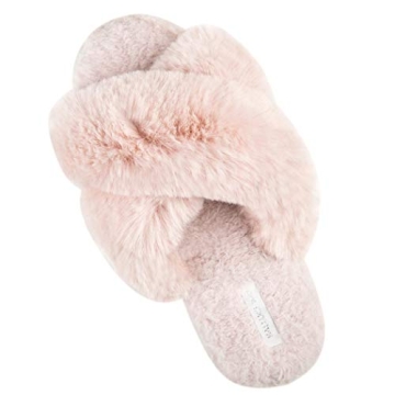 HALLUCI Women's Cross Band Soft Plush Fleece House Indoor or Outdoor Slippers (Medium, Pink)