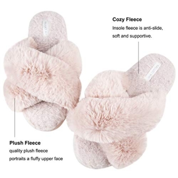 HALLUCI Women's Cross Band Soft Plush Fleece House Indoor or Outdoor Slippers (Medium, Pink)