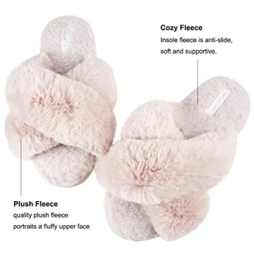 HALLUCI Women's Cross Band Soft Plush Fleece House Indoor or Outdoor Slippers (Medium, Pink)