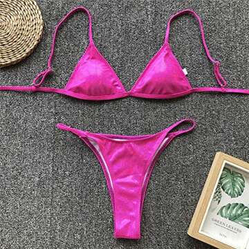 YAUASOPA Women Shiny Bikini Micro Sexy String Two Pieces Swimsuit Female Thong Swimwear (US(4-6) M, Pink)