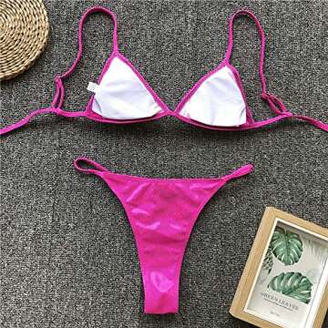 YAUASOPA Women Shiny Bikini Micro Sexy String Two Pieces Swimsuit Female Thong Swimwear (US(4-6) M, Pink)