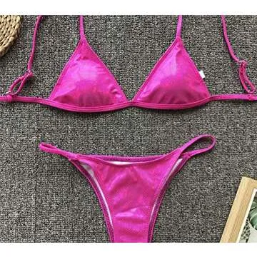 YAUASOPA Women Shiny Bikini Micro Sexy String Two Pieces Swimsuit Female Thong Swimwear (US(4-6) M, Pink)