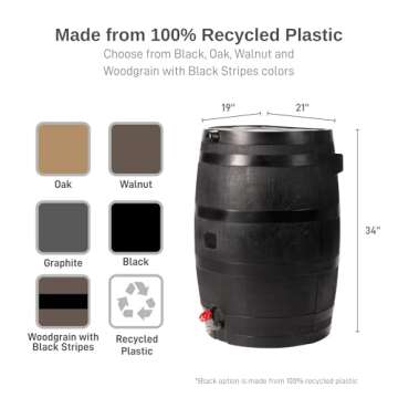 RTS Home Accents 50-Gallon ECO Rain Barrel Made with 100% Recycled Plastic, Flat Back Rain Water Collection Barrel, Black