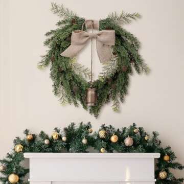 Vintage Norfolk Pine Christmas Wreath - 21 Inch Artificial Greenery Faux Cedar Wreaths with Bells an...