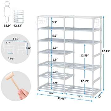 Tribesigns 7 Tier Metal Shoe Rack With Side Hooks For Entryway, 24-30 Pairs - Tall Storage Organizer For Shoes And Boots