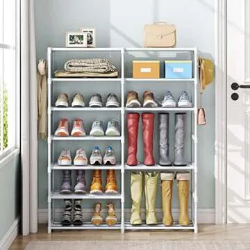 Tribesigns 7 Tier Metal Shoe Rack With Side Hooks For Entryway, 24-30 Pairs - Tall Storage Organizer For Shoes And Boots