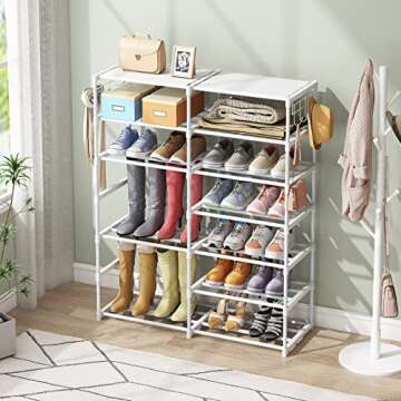 Tribesigns 7 Tier Metal Shoe Rack With Side Hooks For Entryway, 24-30 Pairs - Tall Storage Organizer For Shoes And Boots