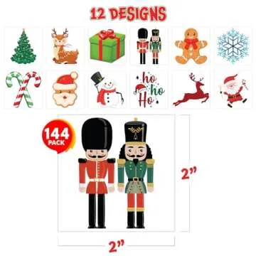 ArtCreativity Individual Christmas Tattoos for Kids - Set of 144-2 Inch Nutcracker Temporary Tattoos for Kids in 12 Festive Designs - Christmas Party Favors for Kids Stocking Stuffers For KIds