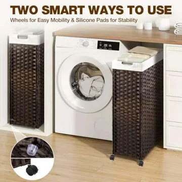 Greenstell Laundry Hamper with Wheels, 66L Slim Laundry Basket with 2 Removable Liner Bags & 2 Mesh Bags, Narrow Dirty Clothes Basket, Handwoven Synthetic Rattan Organizer in Bathroom, Bedroom, Brown