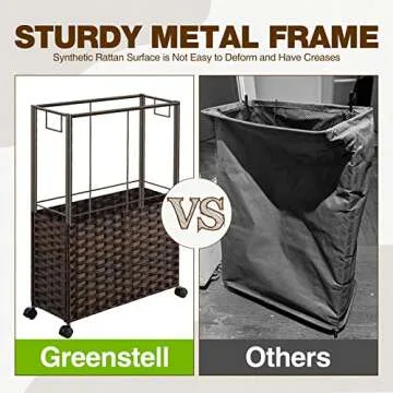 Greenstell Laundry Hamper with Wheels, 66L Slim Laundry Basket with 2 Removable Liner Bags & 2 Mesh Bags, Narrow Dirty Clothes Basket, Handwoven Synthetic Rattan Organizer in Bathroom, Bedroom, Brown
