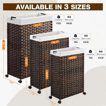Greenstell Laundry Hamper with Wheels, 66L Slim Laundry Basket with 2 Removable Liner Bags & 2 Mesh Bags, Narrow Dirty Clothes Basket, Handwoven Synthetic Rattan Organizer in Bathroom, Bedroom, Brown