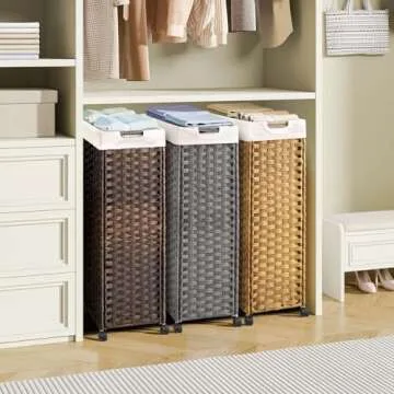 Greenstell Laundry Hamper with Wheels, 66L Slim Laundry Basket with 2 Removable Liner Bags & 2 Mesh Bags, Narrow Dirty Clothes Basket, Handwoven Synthetic Rattan Organizer in Bathroom, Bedroom, Brown