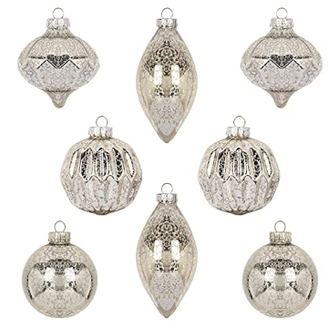 KI Store Mercury Glass Christmas Ornaments Set of 8 Champagne Silver Hanging Christmas Balls Finials...