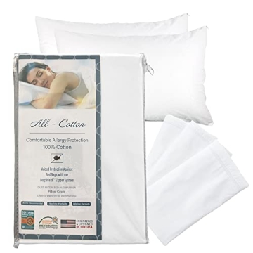 National Allergy Premium 100% Cotton Zippered Pillow Protector - Queen Size - White - 4 Pack - 300 T...