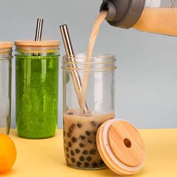 Mixrug Bubble Tea Cups 6 Pack 24 oz, Iced Coffee Cups Reusable Wide Mouth Smoothie Cups, Boba Cup With Bamboo Lids and Silver Straws, Mason Jar Drinking Glasses Cups, Travel Glass Drinking Bottle