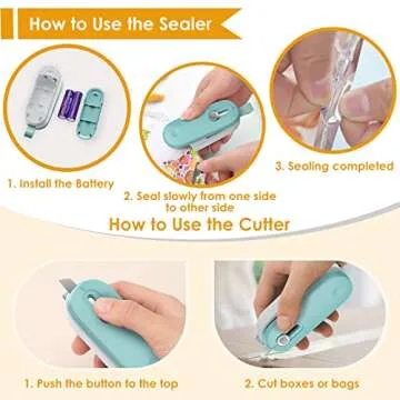 FEPPO Mini Bag Sealer, 2 in 1 Bag Sealer Heat Seal with Cutter and with Lanyard, Mini Bag Resealer Machine for Plastic Bags Snack Bags Food Storage (Batteries Included)
