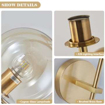 Fulesi Modern Wall Sconce Mid Century Style with Glass Shade Brass Finish Home Decor Wall Light Amber Bathroom Vanity Wall Light