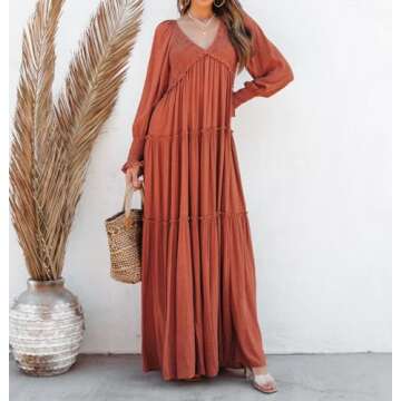 R.Vivimos Maxi Dress for Women Long Sleeve V Neck Empire Waist Layered Ruffle Boho Casual Flowy Long Dresses (Small, Rust Brown)