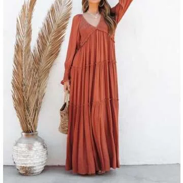 R.Vivimos Maxi Dress for Women Long Sleeve V Neck Empire Waist Layered Ruffle Boho Casual Flowy Long Dresses (Small, Rust Brown)