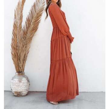 R.Vivimos Maxi Dress for Women Long Sleeve V Neck Empire Waist Layered Ruffle Boho Casual Flowy Long Dresses (Small, Rust Brown)
