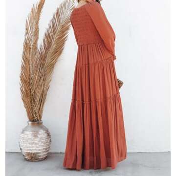 R.Vivimos Maxi Dress for Women Long Sleeve V Neck Empire Waist Layered Ruffle Boho Casual Flowy Long Dresses (Small, Rust Brown)