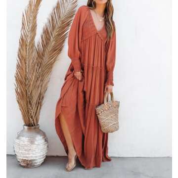 R.Vivimos Maxi Dress for Women Long Sleeve V Neck Empire Waist Layered Ruffle Boho Casual Flowy Long Dresses (Small, Rust Brown)