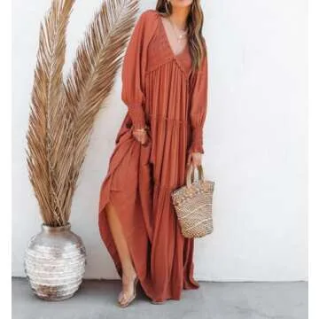 R.Vivimos Maxi Dress for Women Long Sleeve V Neck Empire Waist Layered Ruffle Boho Casual Flowy Long Dresses (Small, Rust Brown)