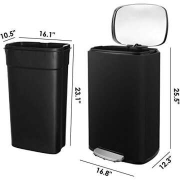 HEMBOR 13.2 Gallon(50L) Trash Can, Stainless Steel Rectangular Garbage Bin with Lid and Inner Bucket, Silent Open and Close Dustbin with Durable Pedal, Suit for Home Office Indoor Outdoor, Black