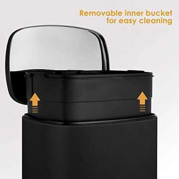 HEMBOR 13.2 Gallon(50L) Trash Can, Stainless Steel Rectangular Garbage Bin with Lid and Inner Bucket, Silent Open and Close Dustbin with Durable Pedal, Suit for Home Office Indoor Outdoor, Black