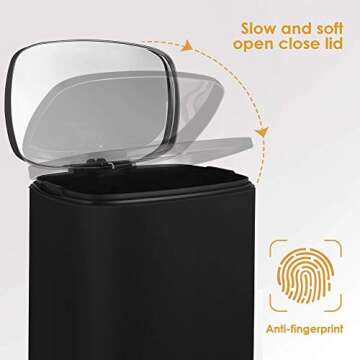 HEMBOR 13.2 Gallon(50L) Trash Can, Stainless Steel Rectangular Garbage Bin with Lid and Inner Bucket, Silent Open and Close Dustbin with Durable Pedal, Suit for Home Office Indoor Outdoor, Black