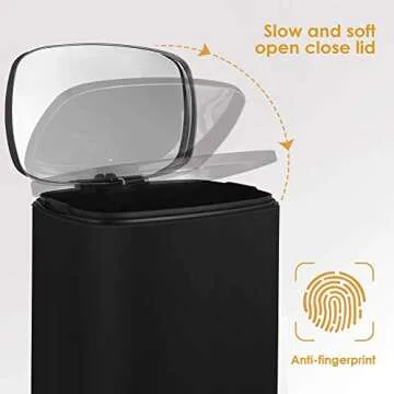HEMBOR 13.2 Gallon(50L) Trash Can, Stainless Steel Rectangular Garbage Bin with Lid and Inner Bucket, Silent Open and Close Dustbin with Durable Pedal, Suit for Home Office Indoor Outdoor, Black