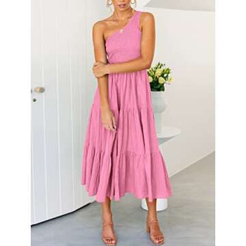 ANRABESS Women's 2024 Summer Bohemian One Shoulder Sleeveless Smocked Ruffle Tiered Beach Maxi Sun Dress Pink Small