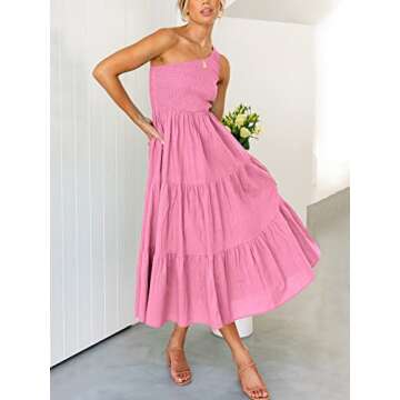 ANRABESS Women's 2024 Summer Bohemian One Shoulder Sleeveless Smocked Ruffle Tiered Beach Maxi Sun Dress Pink Small