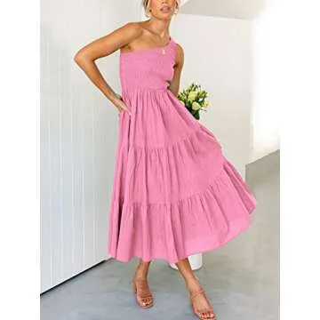 ANRABESS Women's 2024 Summer Bohemian One Shoulder Sleeveless Smocked Ruffle Tiered Beach Maxi Sun Dress Pink Small