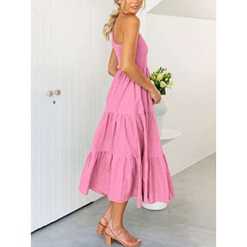 ANRABESS Women's 2024 Summer Bohemian One Shoulder Sleeveless Smocked Ruffle Tiered Beach Maxi Sun Dress Pink Small