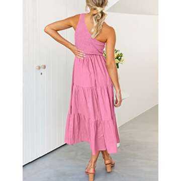 ANRABESS Women's 2024 Summer Bohemian One Shoulder Sleeveless Smocked Ruffle Tiered Beach Maxi Sun Dress Pink Small