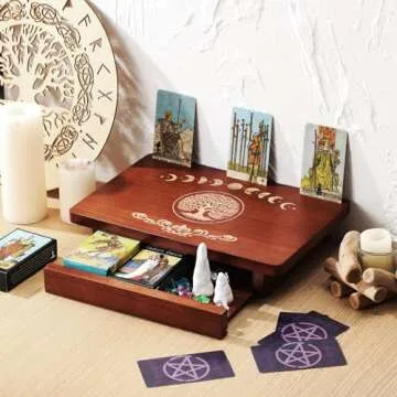Briwooody Altar Table with Drawer and Tarot Card Holder, Wooden Small Altar Table for Spiritual Medi...