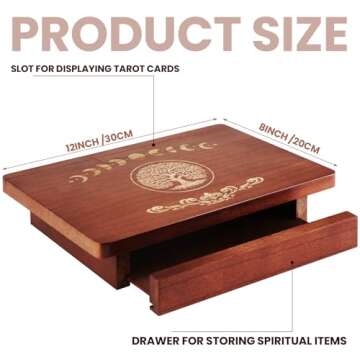 Briwooody Altar Table with Drawer and Tarot Card Holder, Wooden Small Altar Table for Spiritual Meditation Buddhist Moon Phases Life Tree Engraved Wiccan Witchy Decor, 12" x 8"