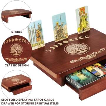 Briwooody Altar Table with Drawer and Tarot Card Holder, Wooden Small Altar Table for Spiritual Meditation Buddhist Moon Phases Life Tree Engraved Wiccan Witchy Decor, 12" x 8"
