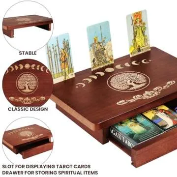 Briwooody Altar Table with Drawer and Tarot Card Holder, Wooden Small Altar Table for Spiritual Meditation Buddhist Moon Phases Life Tree Engraved Wiccan Witchy Decor, 12" x 8"