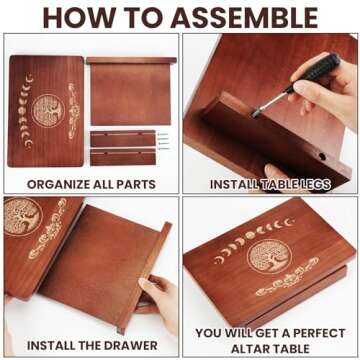 Briwooody Altar Table with Drawer and Tarot Card Holder, Wooden Small Altar Table for Spiritual Meditation Buddhist Moon Phases Life Tree Engraved Wiccan Witchy Decor, 12" x 8"